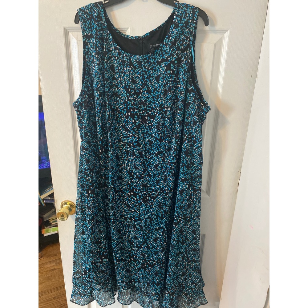 Maggie Barnes Womens 30W Blue Mosaic Print Sleeveless Chiffon Shift Dress Ruffle